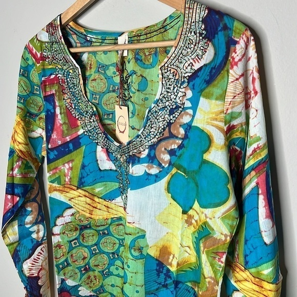 RAGA Colorful Boho Cotton Long Sleeve V-neck Tunic w/Sequins Size Large NWT! - Picture 3 of 9